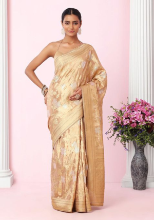 Sage Golden Floral Embroidered Jacquard Silk Saree With Blouse