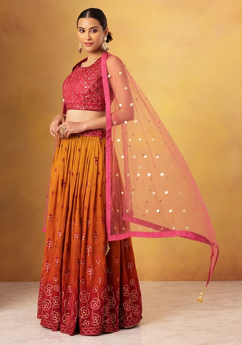 Orange Floral Embroidered Lehenga Set With Contrast Embroidered Blouse And Dupatta - Image 2
