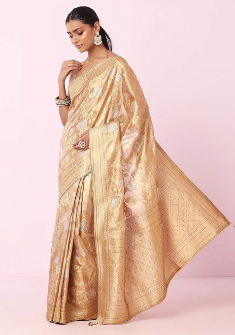 Sage Golden Floral Embroidered Jacquard Silk Saree With Blouse - Image 2
