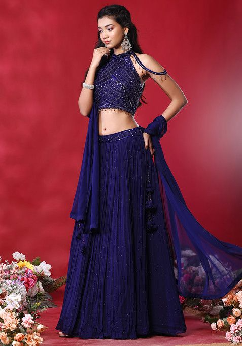 Blue Embellished Lehenga Set With Sequin Embellished Halter Neck Blouse - Image 2