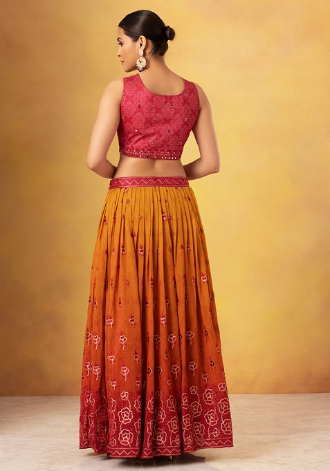 Orange Floral Embroidered Lehenga Set With Contrast Embroidered Blouse And Dupatta - Image 4