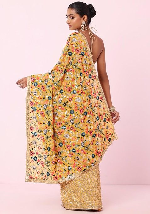 Mustard Tonal Multicolour Floral Embroidered Saree With Blouse - Image 3