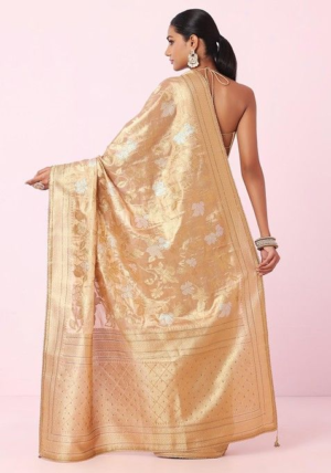 Sage Golden Floral Embroidered Jacquard Silk Saree With Blouse