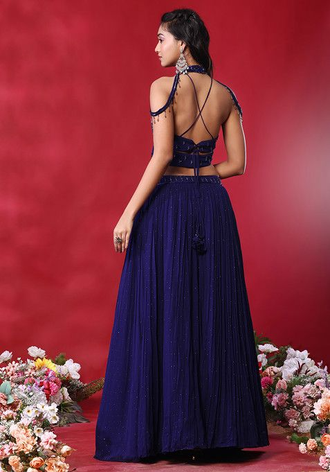 Blue Embellished Lehenga Set With Sequin Embellished Halter Neck Blouse - Image 3