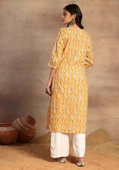 Mustard Yellow V-Neck Paisley Print Cotton Kurta - Image 4