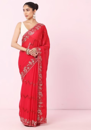 Rani Pink Chevron Sequin And Floral Embroidered Saree With Blouse