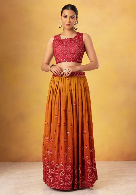 Orange Floral Embroidered Lehenga Set With Contrast Embroidered Blouse And Dupatta - Image 3