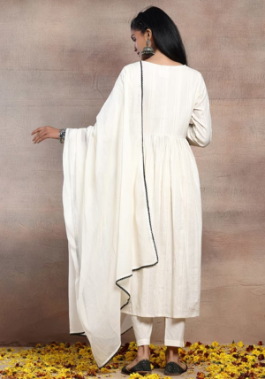 White V-Neck Embroidered Cotton Kurta With Pants And Dupatta