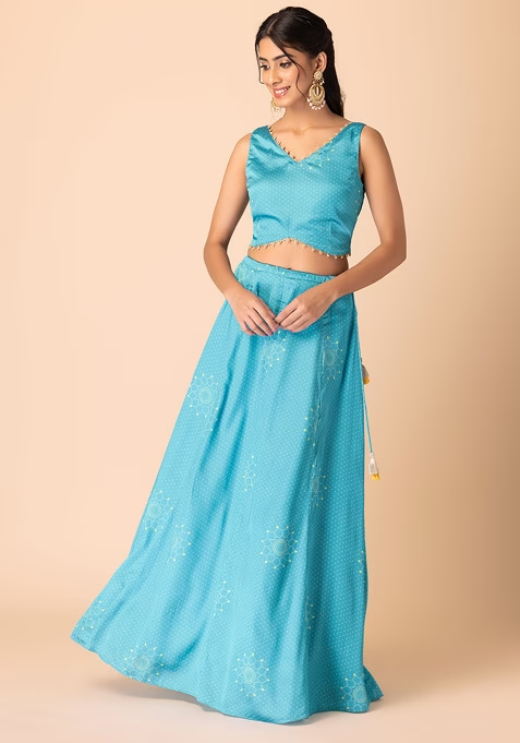 Light Blue Bandhani Print Satin Lehenga Skirt - Image 2