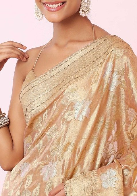 Sage Golden Floral Embroidered Jacquard Silk Saree With Blouse - Image 4